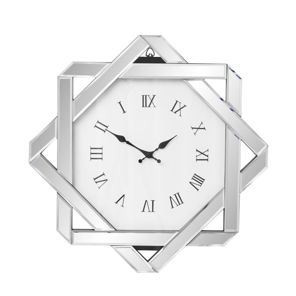 26" Silver Mirrored Glass Silent Analog Geometric Wall Clock-2