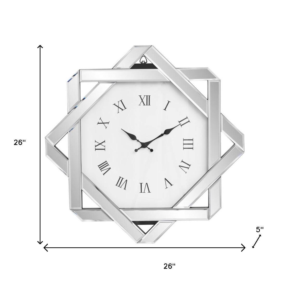 26" Silver Mirrored Glass Silent Analog Geometric Wall Clock-7