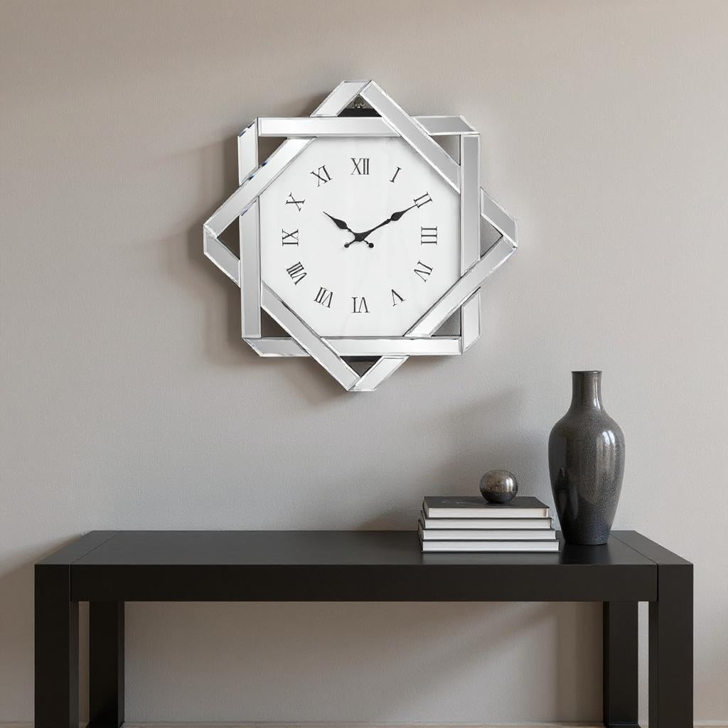 26" Silver Mirrored Glass Silent Analog Geometric Wall Clock-0