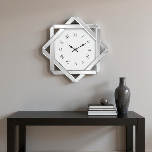 26" Silver Mirrored Glass Silent Analog Geometric Wall Clock-0