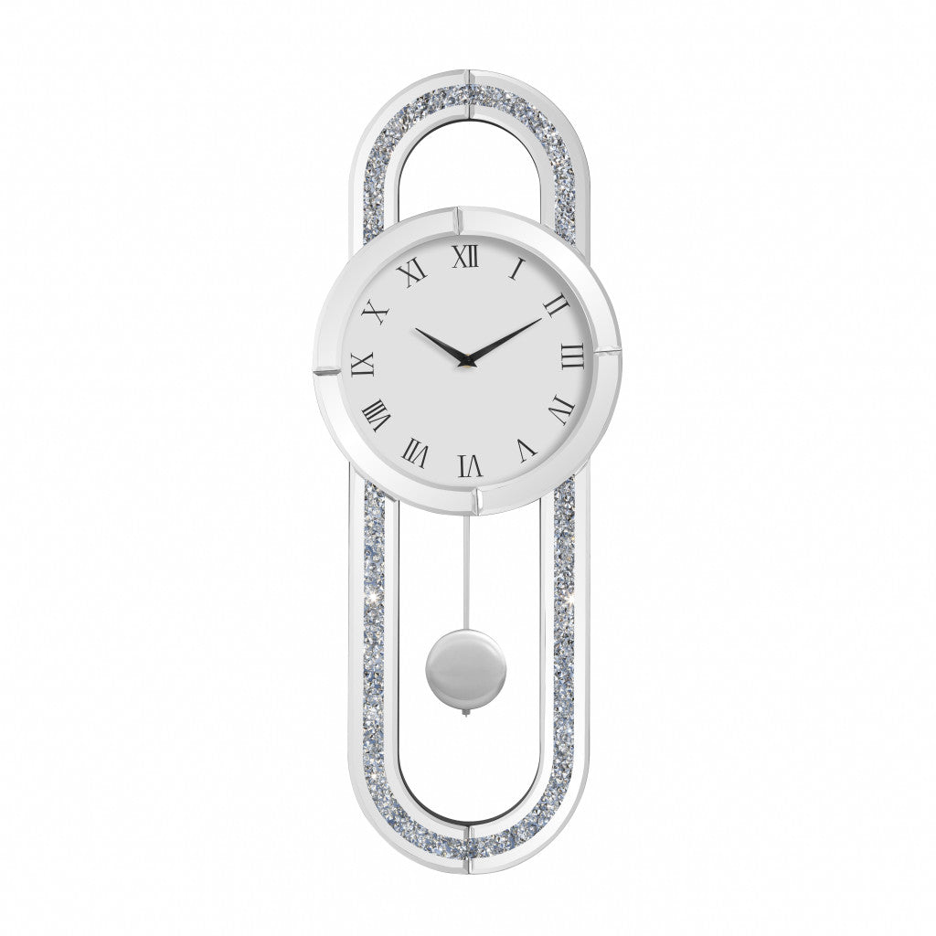 15" Silver Faux Crystal And Mirrored Glass Silent Analog Oval Wall Clock-1
