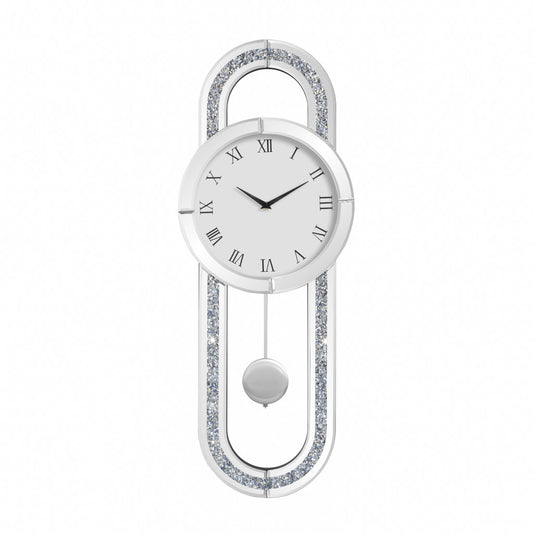 15" Silver Faux Crystal And Mirrored Glass Silent Analog Oval Wall Clock-1