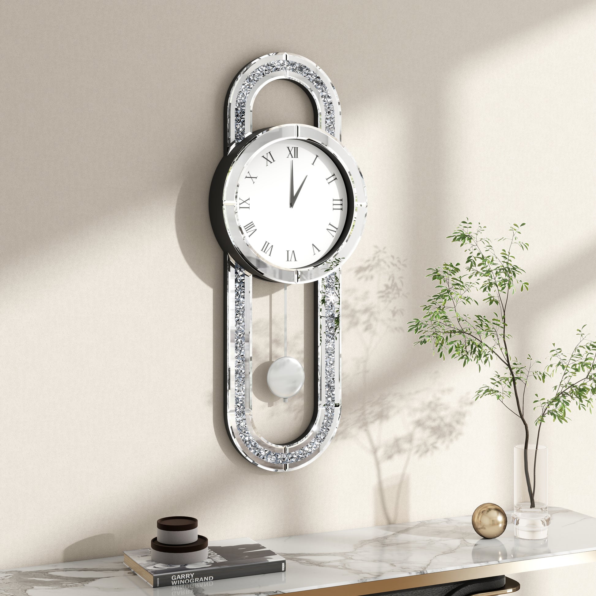 15" Silver Faux Crystal And Mirrored Glass Silent Analog Oval Wall Clock-4