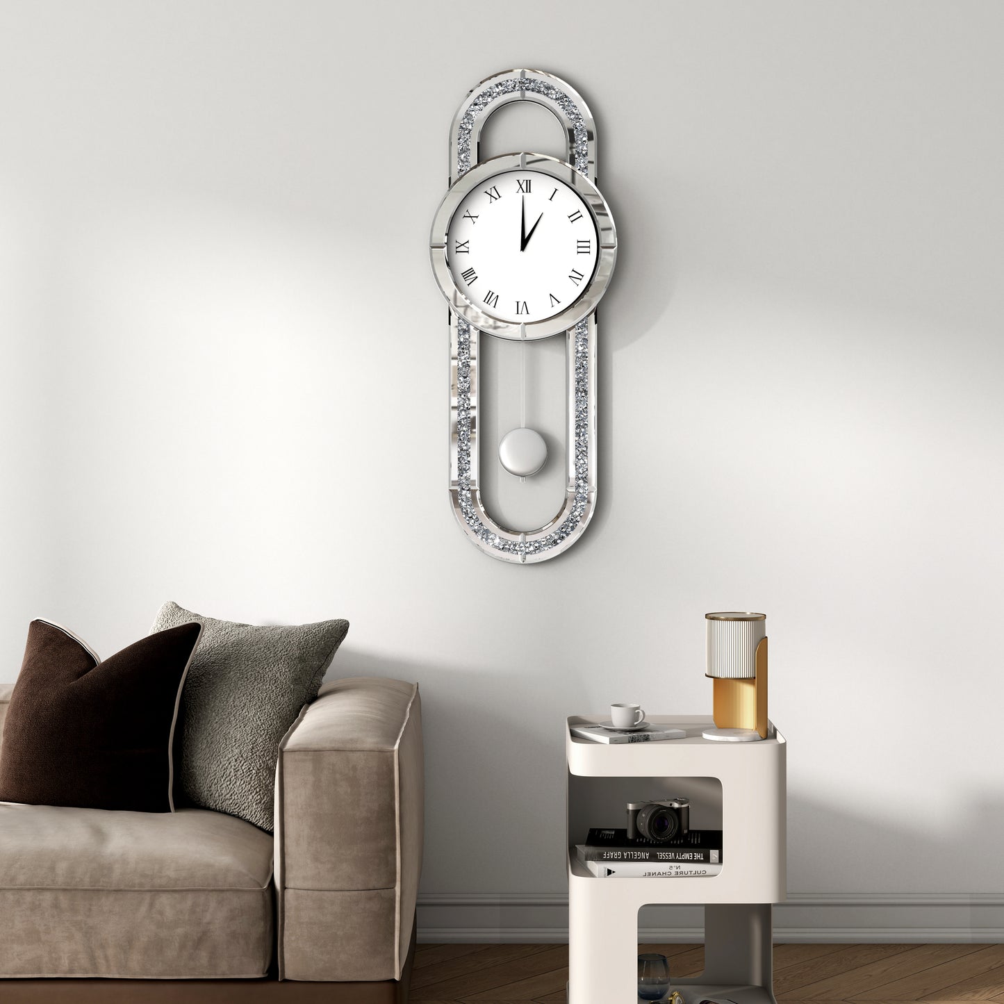 15" Silver Faux Crystal And Mirrored Glass Silent Analog Oval Wall Clock-5