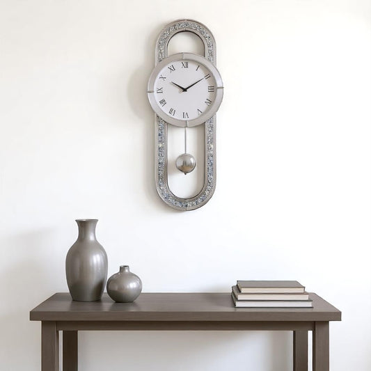 15" Silver Faux Crystal And Mirrored Glass Silent Analog Oval Wall Clock-0