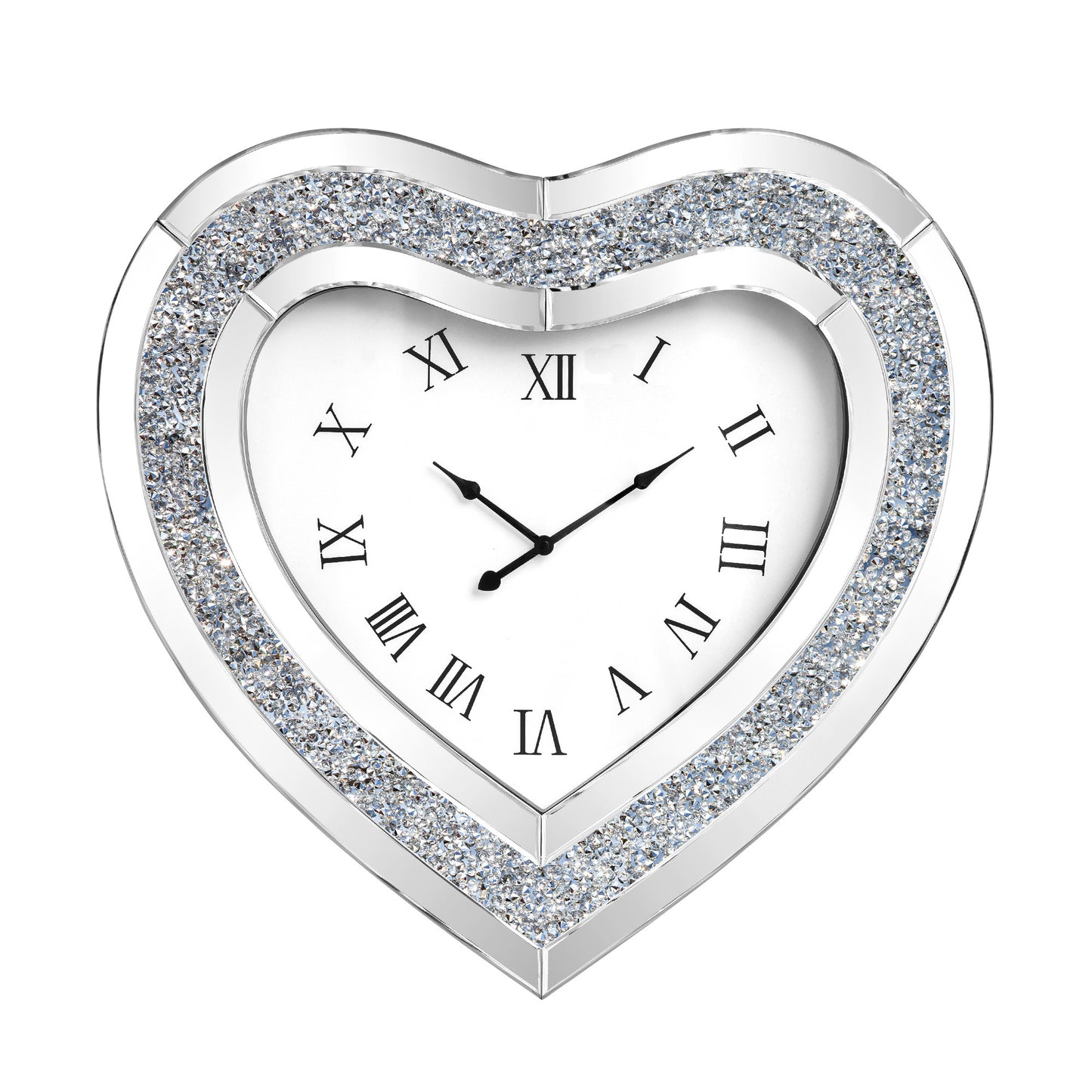 27" Silver Faux Crystal And Mirrored Glass Silent Analog Heart Wall Clock-1