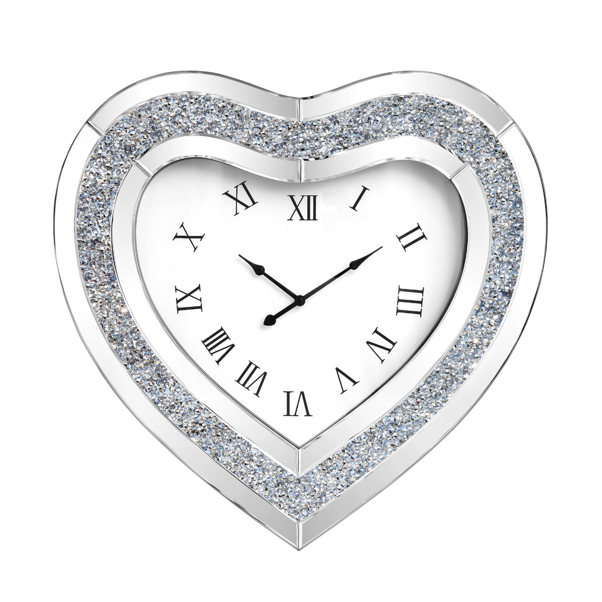 27" Silver Faux Crystal And Mirrored Glass Silent Analog Heart Wall Clock-1