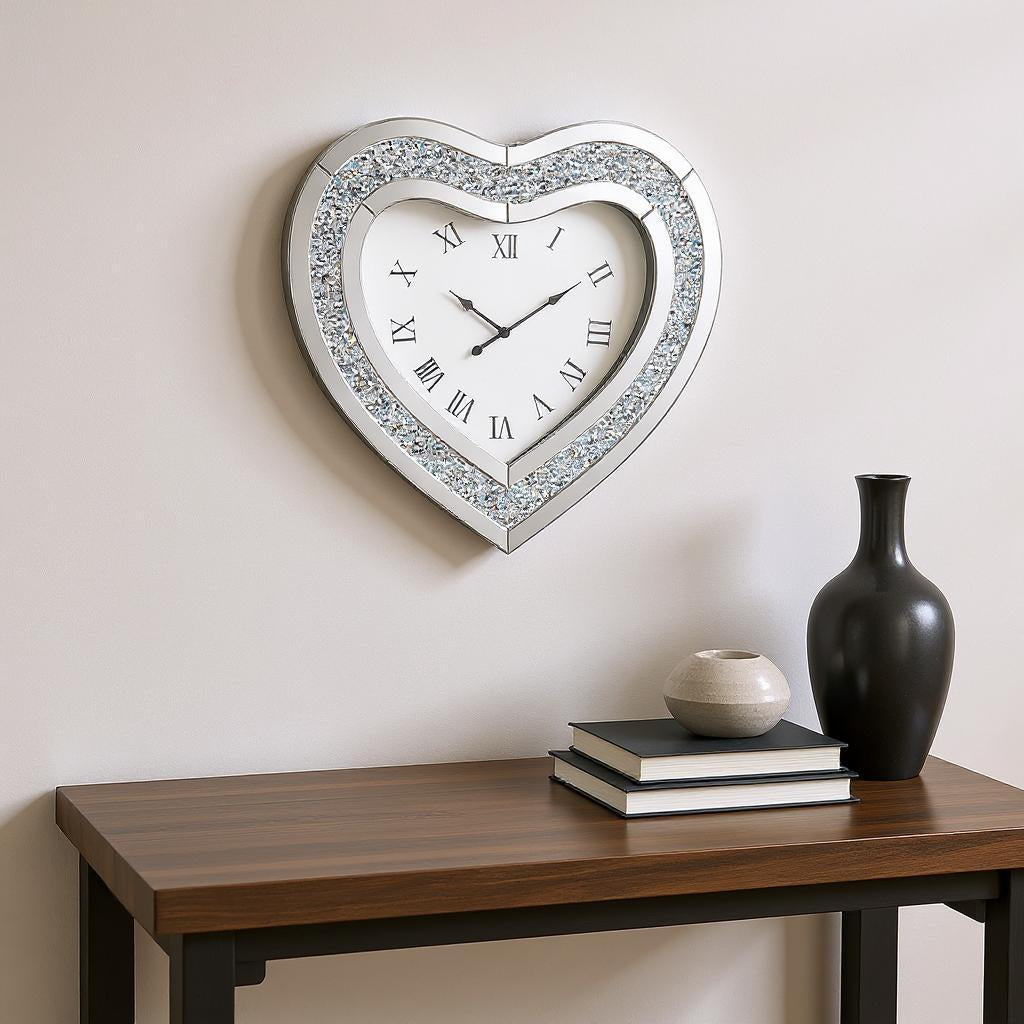 27" Silver Faux Crystal And Mirrored Glass Silent Analog Heart Wall Clock-0