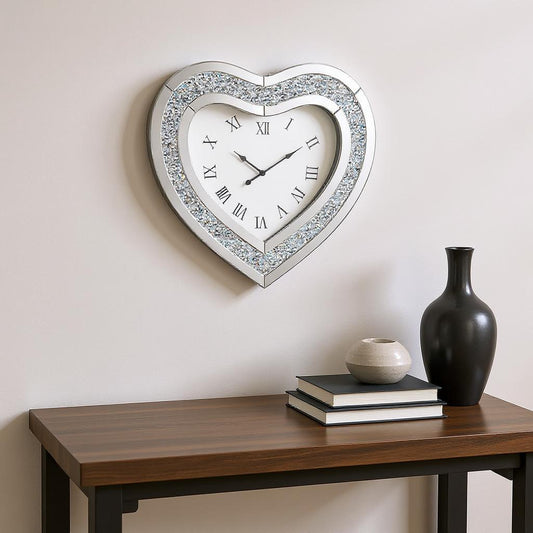 27" Silver Faux Crystal And Mirrored Glass Silent Analog Heart Wall Clock-0