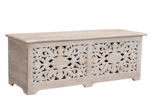 52" White Distressed Solid Wood Carved Floral Storage Ottoman-0