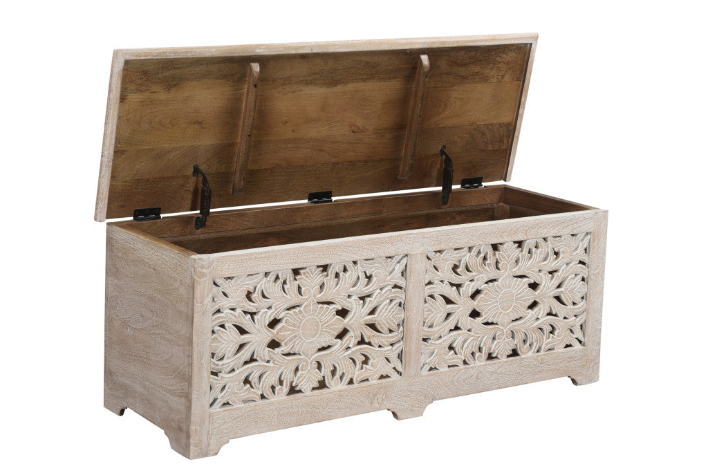52" White Distressed Solid Wood Carved Floral Storage Ottoman-2