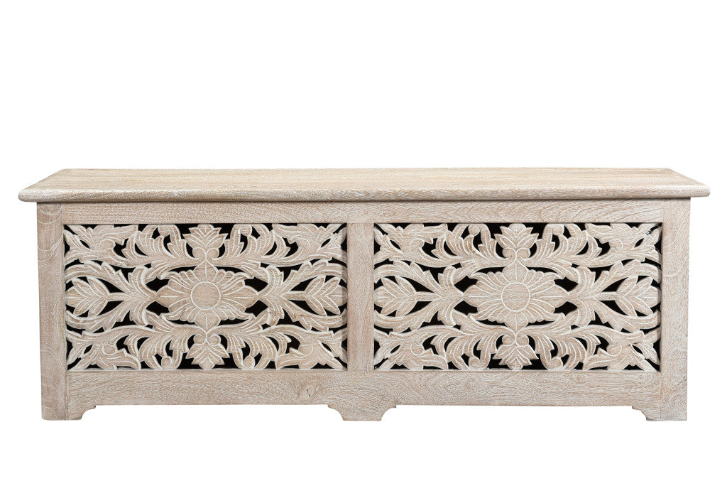 52" White Distressed Solid Wood Carved Floral Storage Ottoman-3