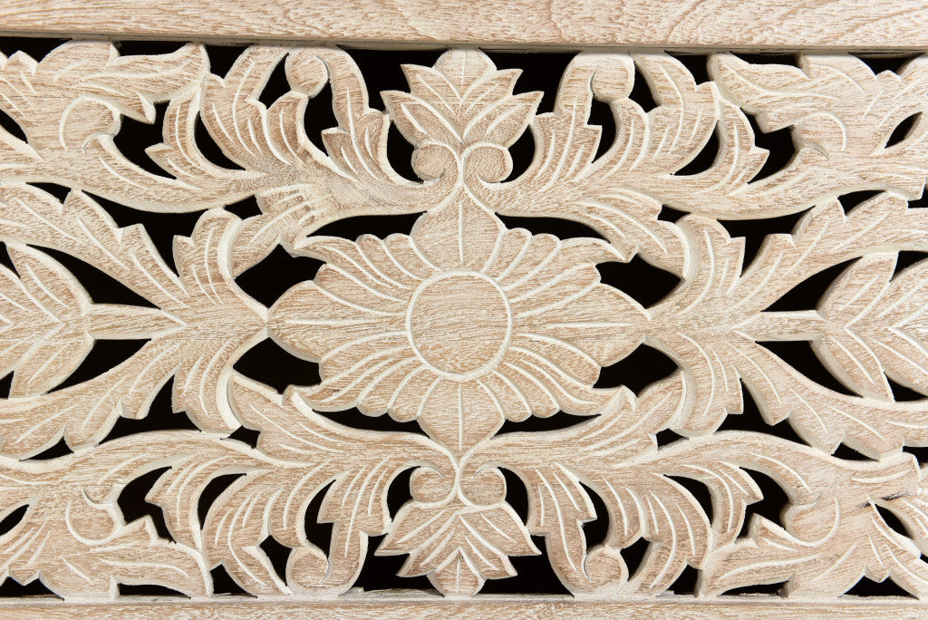 52" White Distressed Solid Wood Carved Floral Storage Ottoman-7