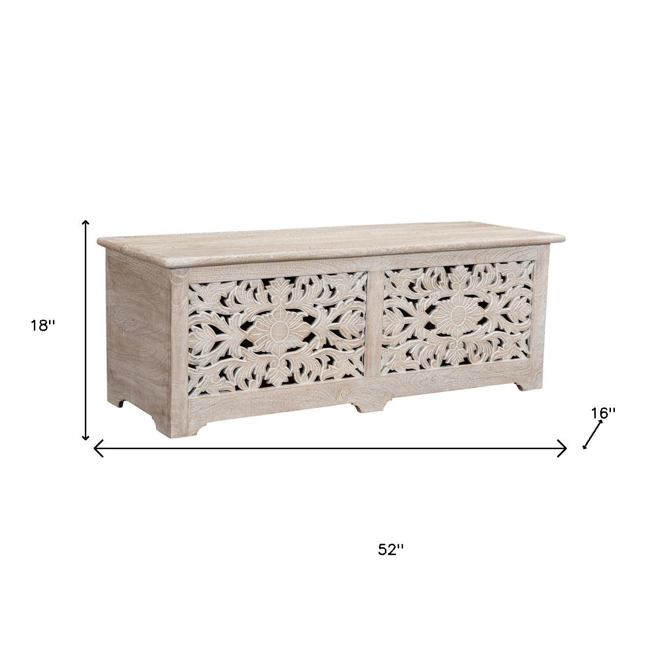 52" White Distressed Solid Wood Carved Floral Storage Ottoman-8