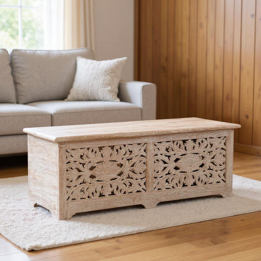 52" White Distressed Solid Wood Carved Floral Storage Ottoman-1