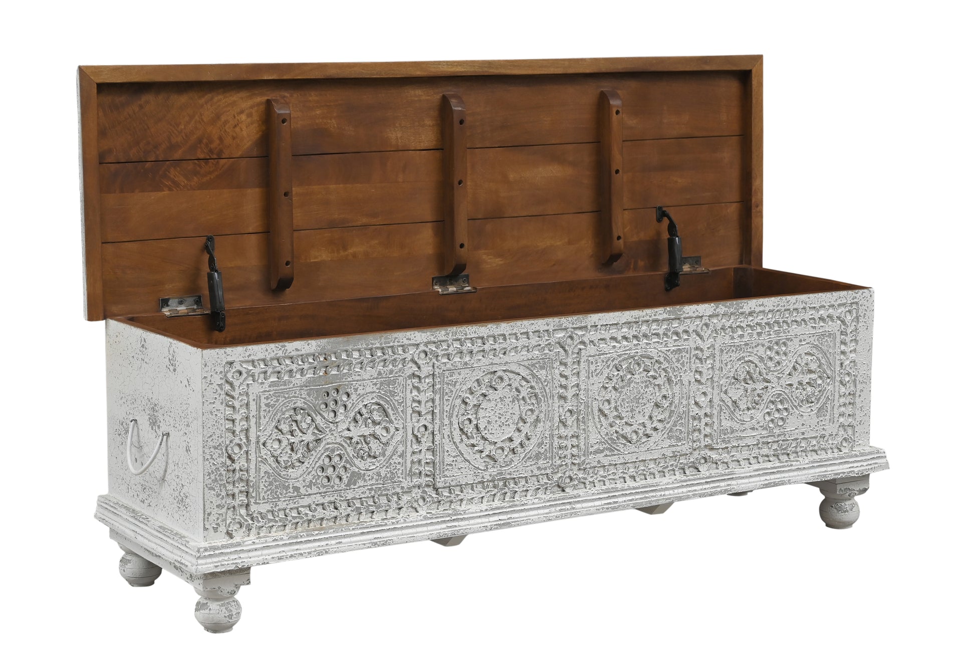 54" White Solid Wood Medallion Storage Ottoman-3