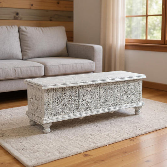 54" White Solid Wood Medallion Storage Ottoman-1