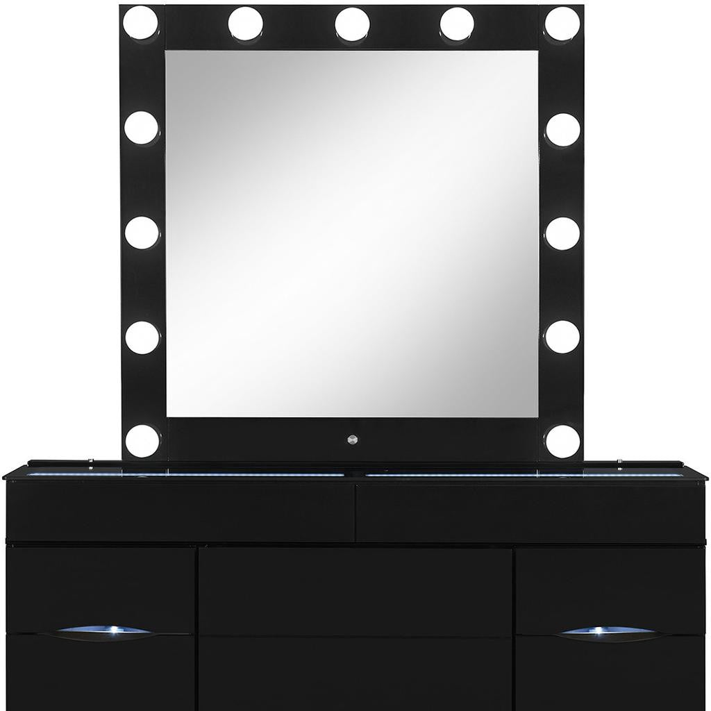 62" Black Wood And Glass Six Drawer Vanity Table With Mirror Seating And Lights-6