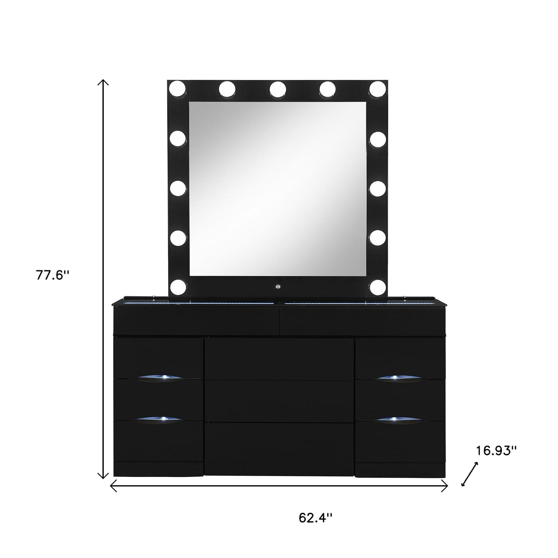 62" Black Wood And Glass Six Drawer Vanity Table With Mirror Seating And Lights-8