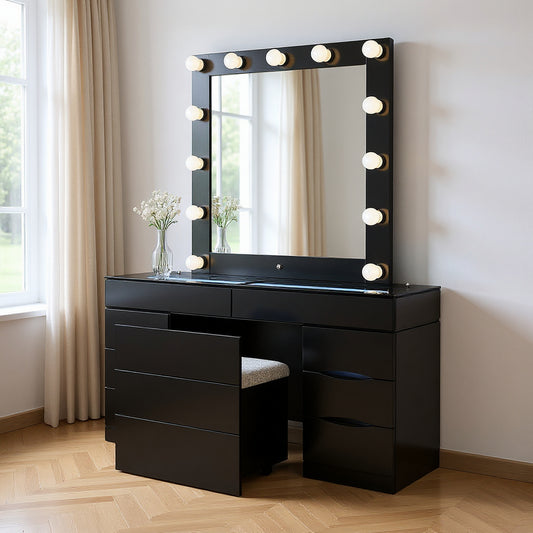62" Black Wood And Glass Six Drawer Vanity Table With Mirror Seating And Lights-0