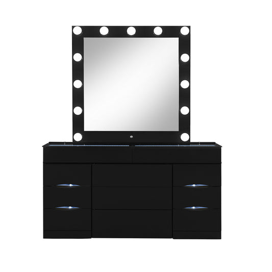 62" Black Wood And Glass Six Drawer Vanity Table With Mirror Seating And Lights-1