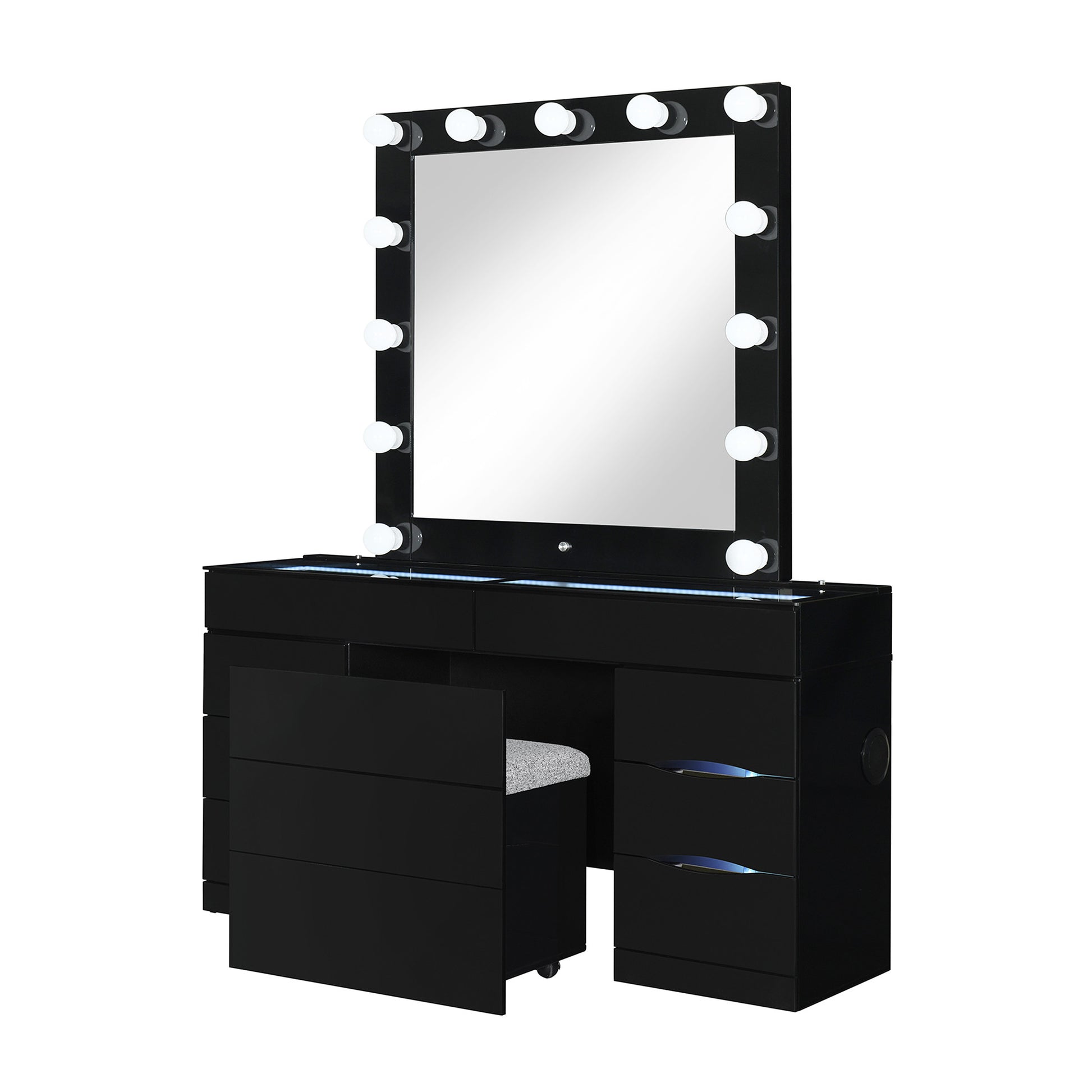 62" Black Wood And Glass Six Drawer Vanity Table With Mirror Seating And Lights-4