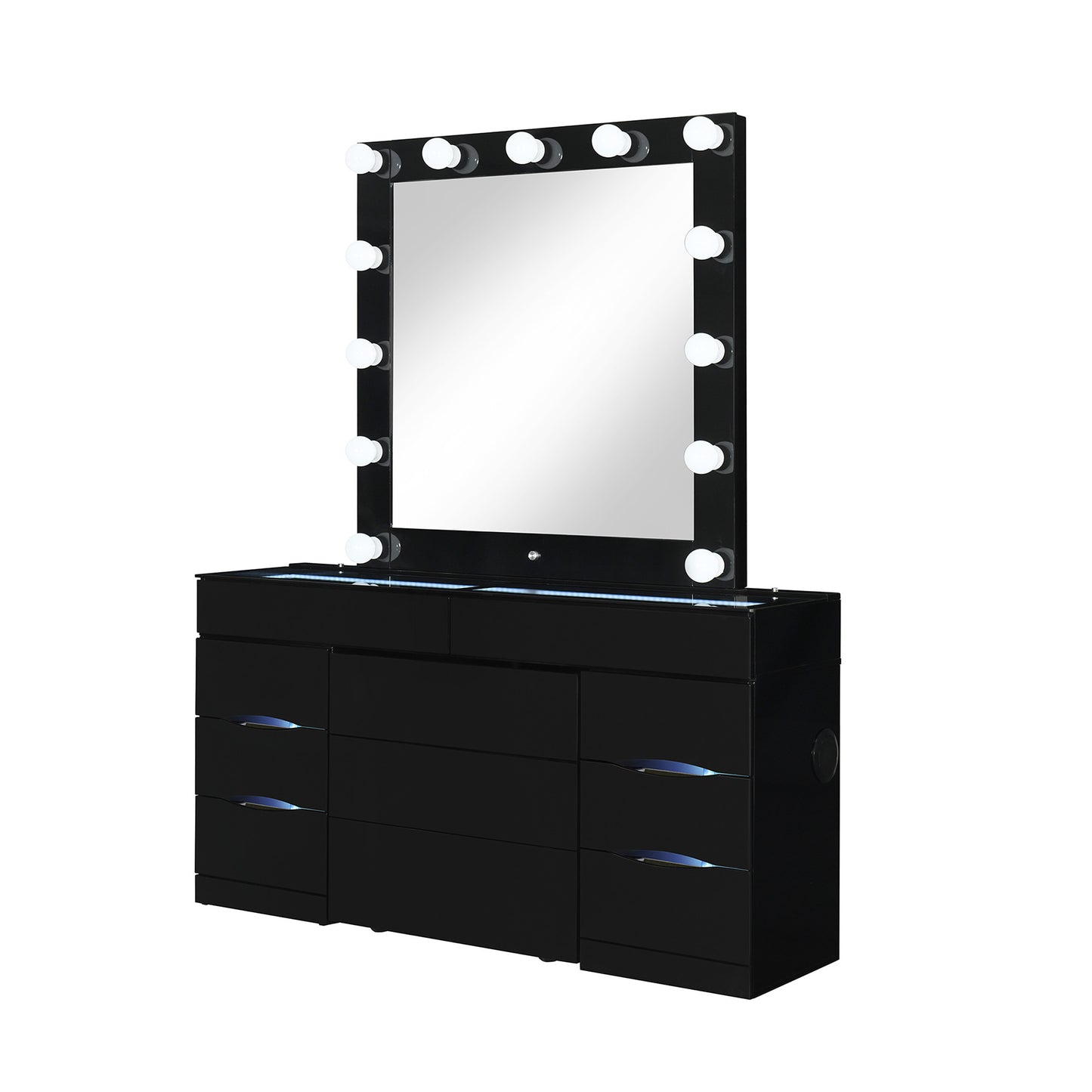 62" Black Wood And Glass Six Drawer Vanity Table With Mirror Seating And Lights-2