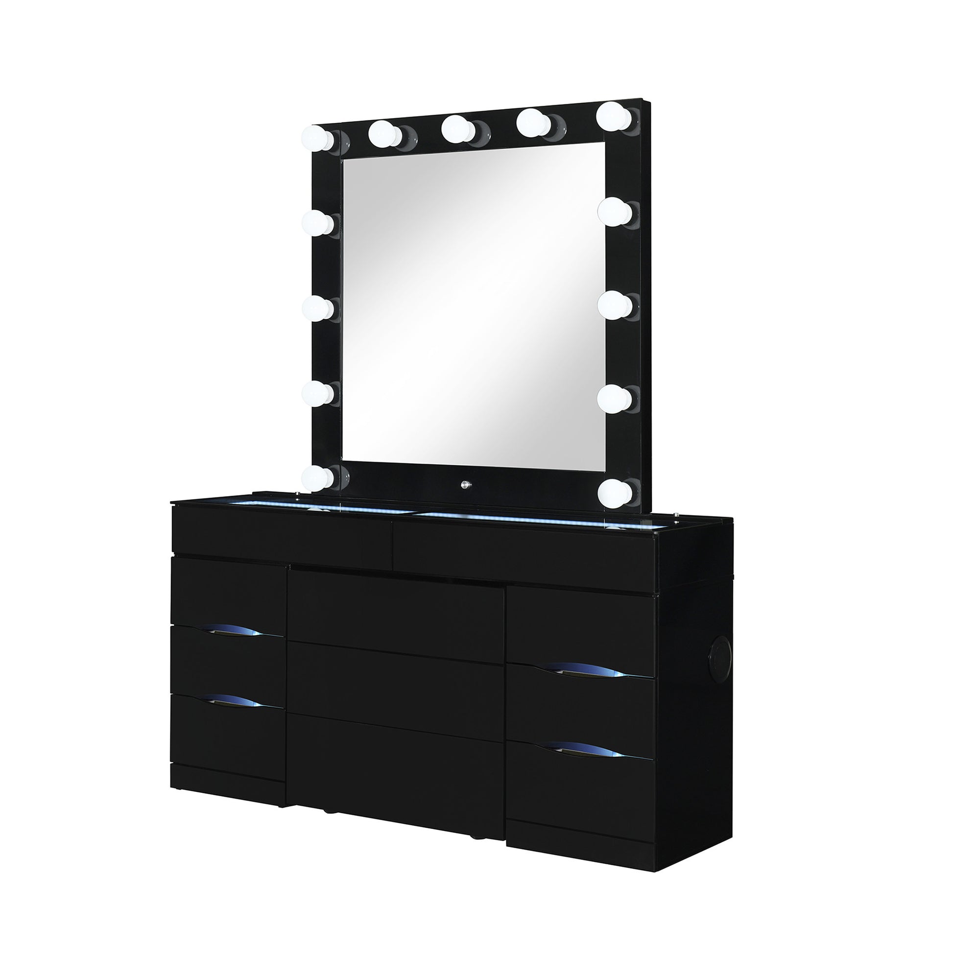62" Black Wood And Glass Six Drawer Vanity Table With Mirror Seating And Lights-2