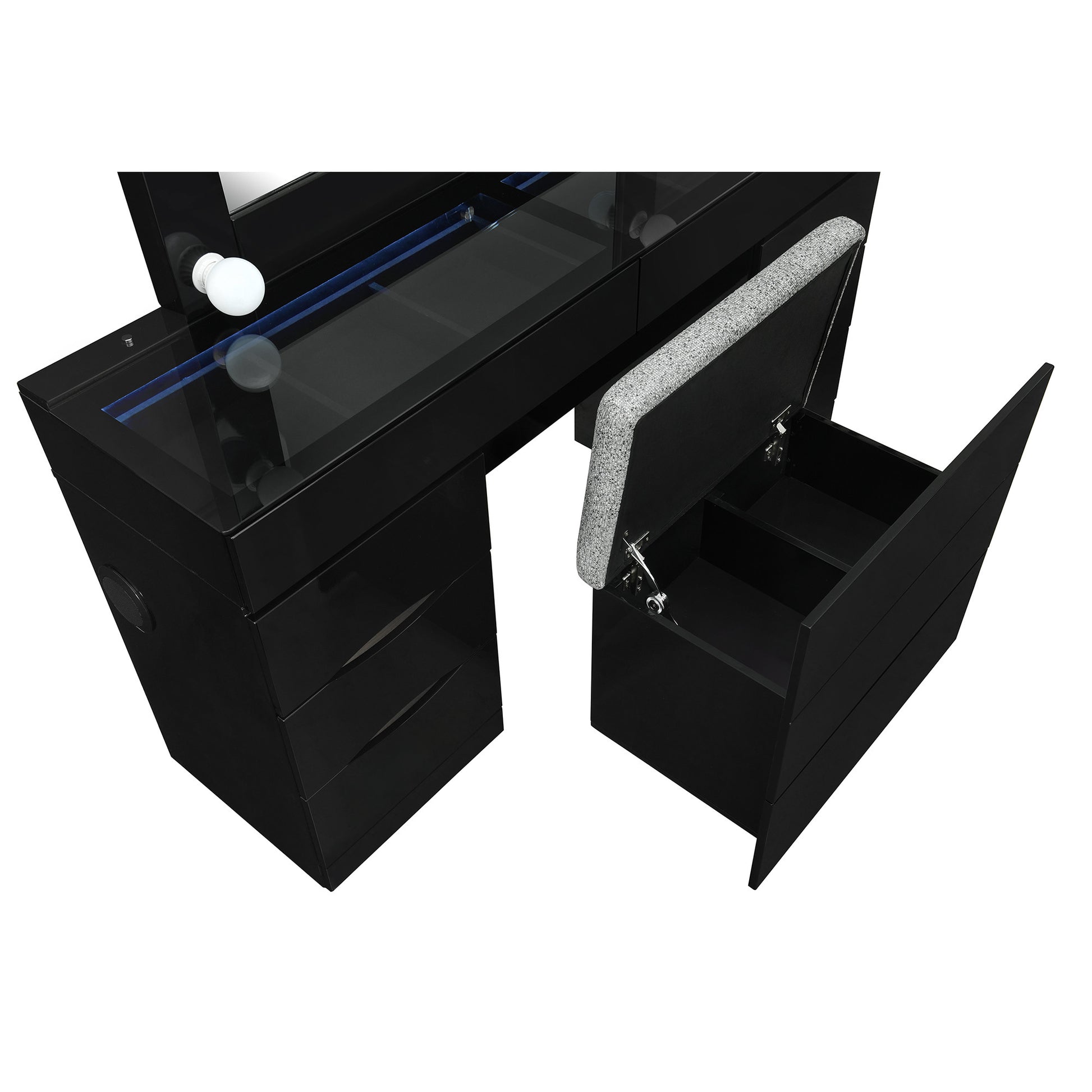 62" Black Wood And Glass Six Drawer Vanity Table With Mirror Seating And Lights-5