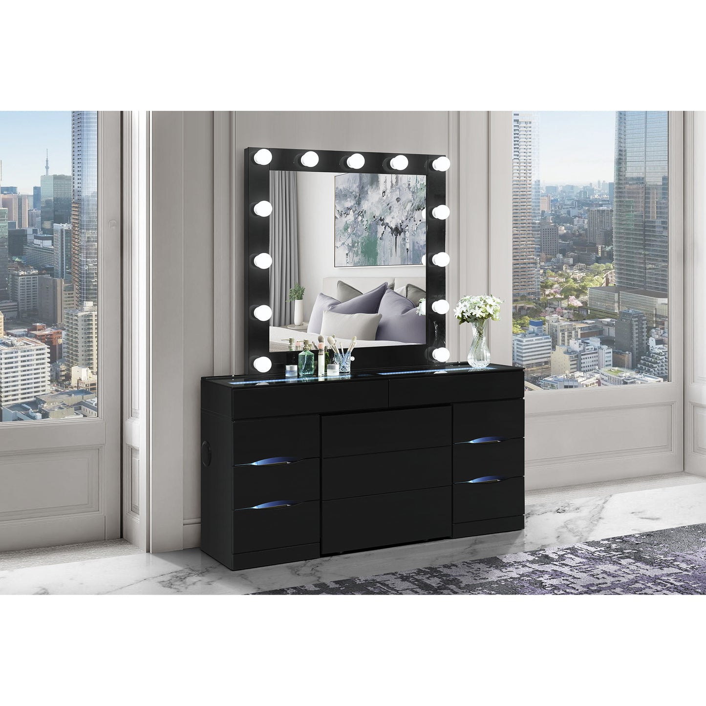 62" Black Wood And Glass Six Drawer Vanity Table With Mirror Seating And Lights-7
