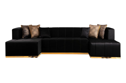 Black Velvet U Shaped Three Piece Sofa and Chaise Sectional With Toss Pillows-1