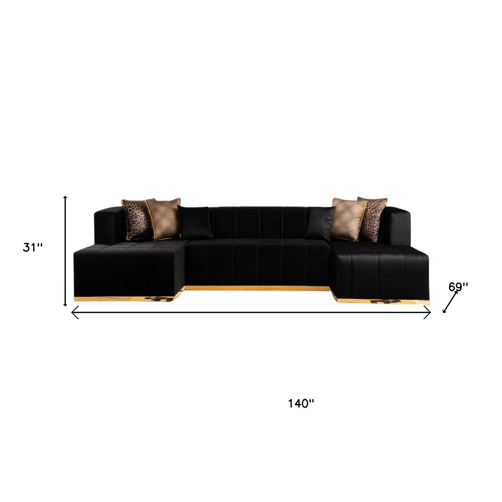 Black Velvet U Shaped Three Piece Sofa and Chaise Sectional With Toss Pillows-8