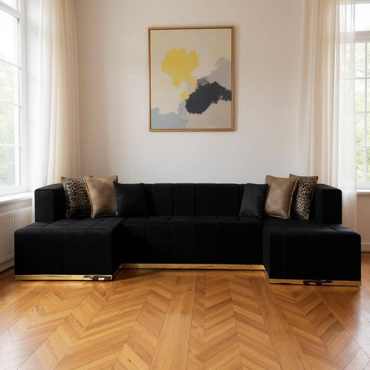 Black Velvet U Shaped Three Piece Sofa and Chaise Sectional With Toss Pillows-0