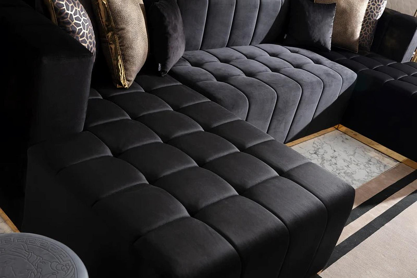 Black Velvet U Shaped Three Piece Sofa and Chaise Sectional With Toss Pillows-7