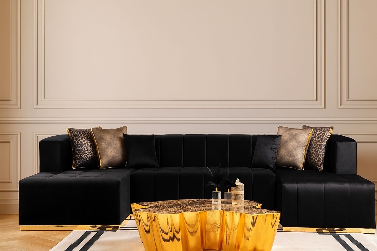 Black Velvet U Shaped Three Piece Sofa and Chaise Sectional With Toss Pillows-6