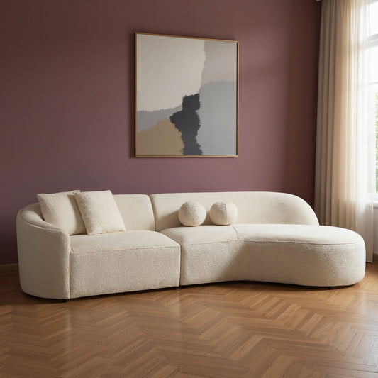 Ivory Boucle Modular Curved Two Piece Sofa and Chaise Sectional With Toss Pillows-0