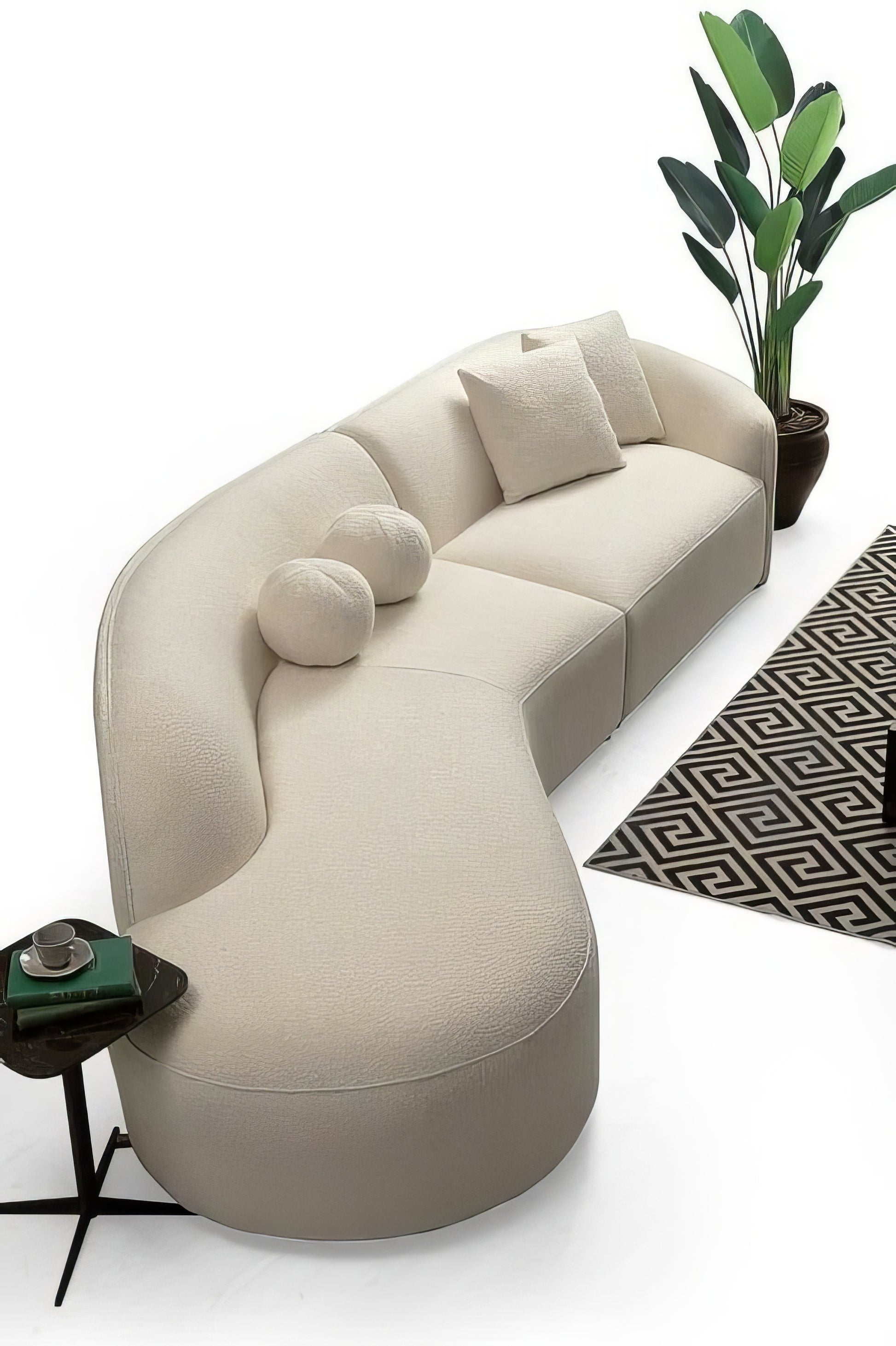 Ivory Boucle Modular Curved Two Piece Sofa and Chaise Sectional With Toss Pillows-6