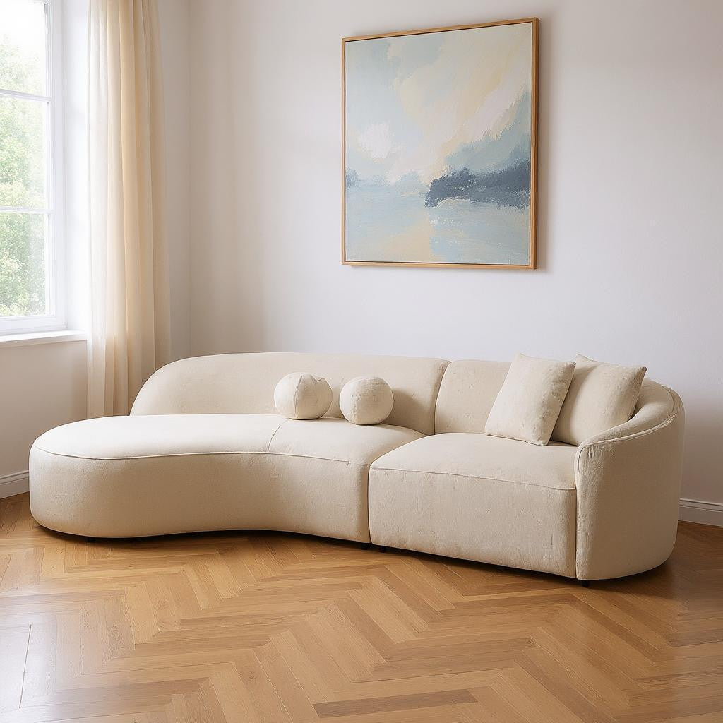 Ivory Boucle Modular Curved Two Piece Sofa and Chaise Sectional With Toss Pillows-0