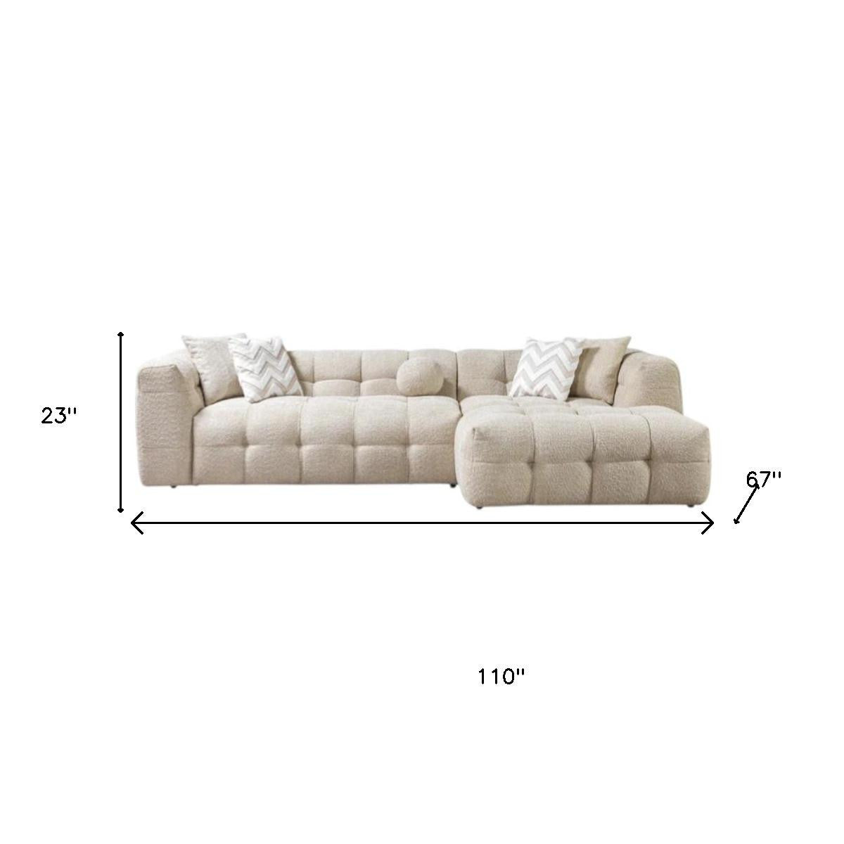 Ivory Boucle L Shaped Two Piece Sofa and Chaise Sectional With Toss Pillows-6