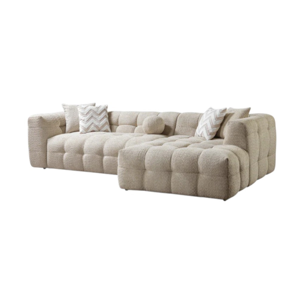 Ivory Boucle L Shaped Two Piece Sofa and Chaise Sectional With Toss Pillows-2