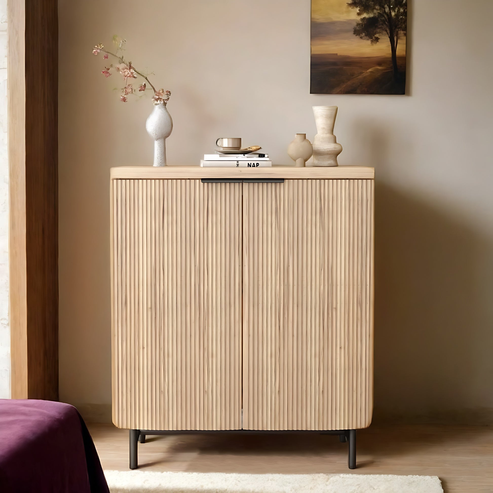 35" Oak Wood Textured Door Accent Cabinet With Two Doors-3