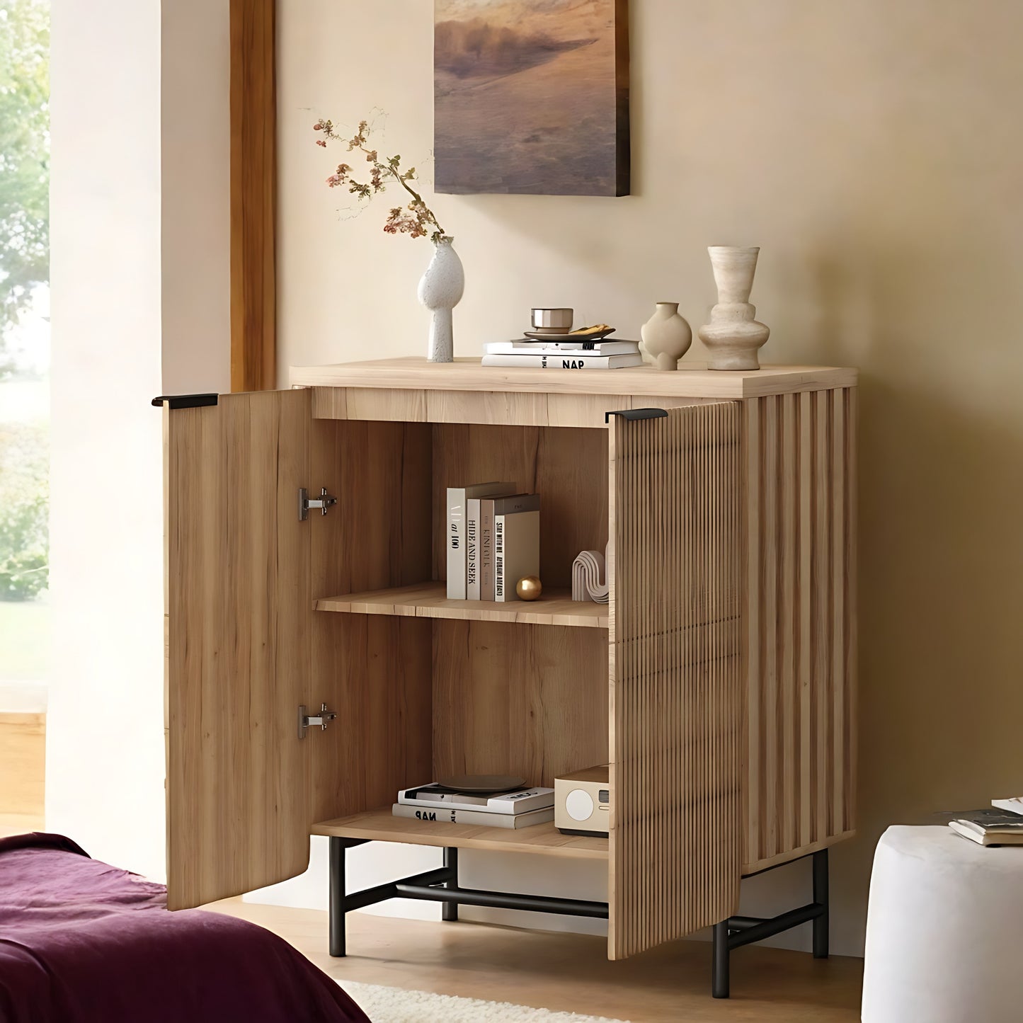 35" Oak Wood Textured Door Accent Cabinet With Two Doors-6