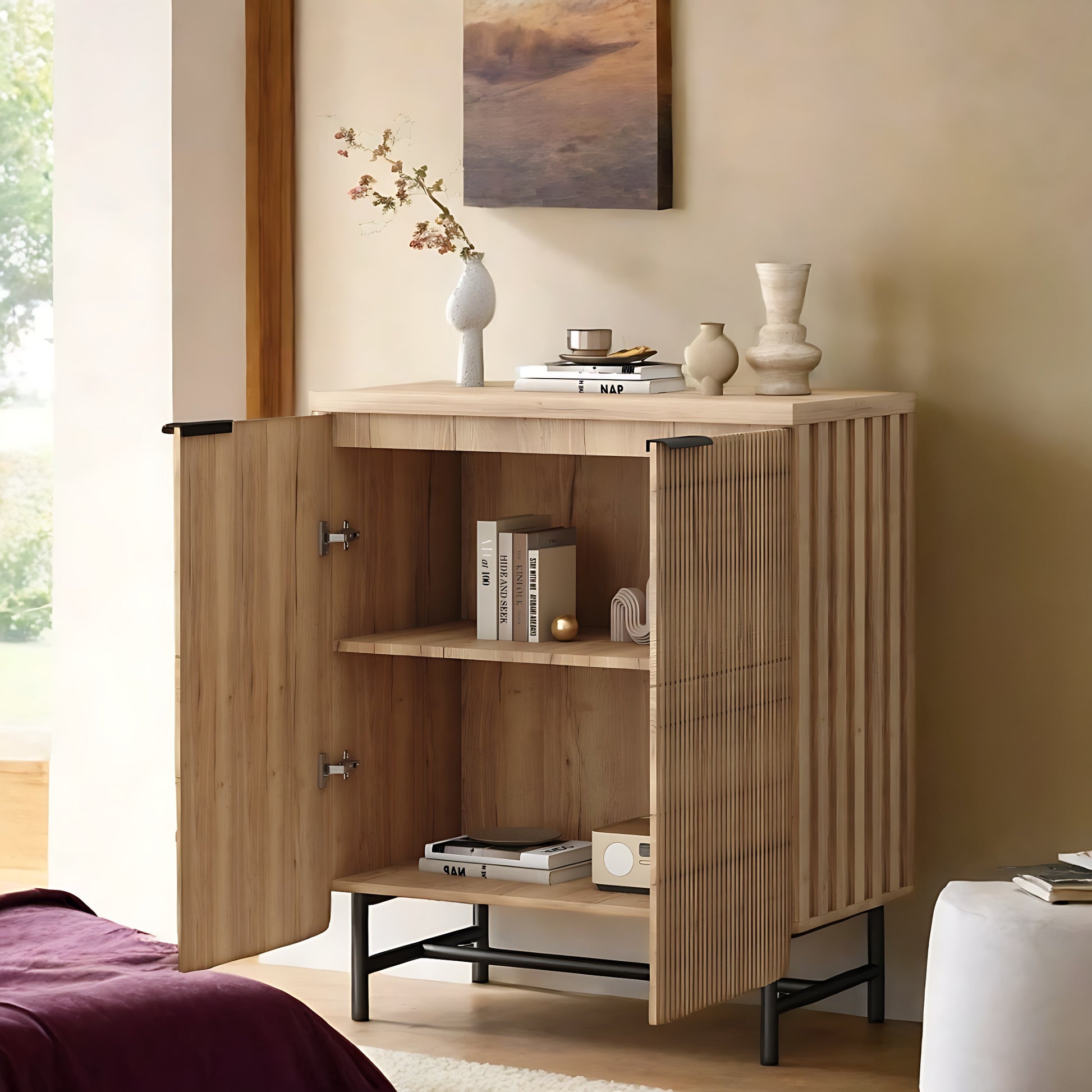 35" Oak Wood Textured Door Accent Cabinet With Two Doors-6