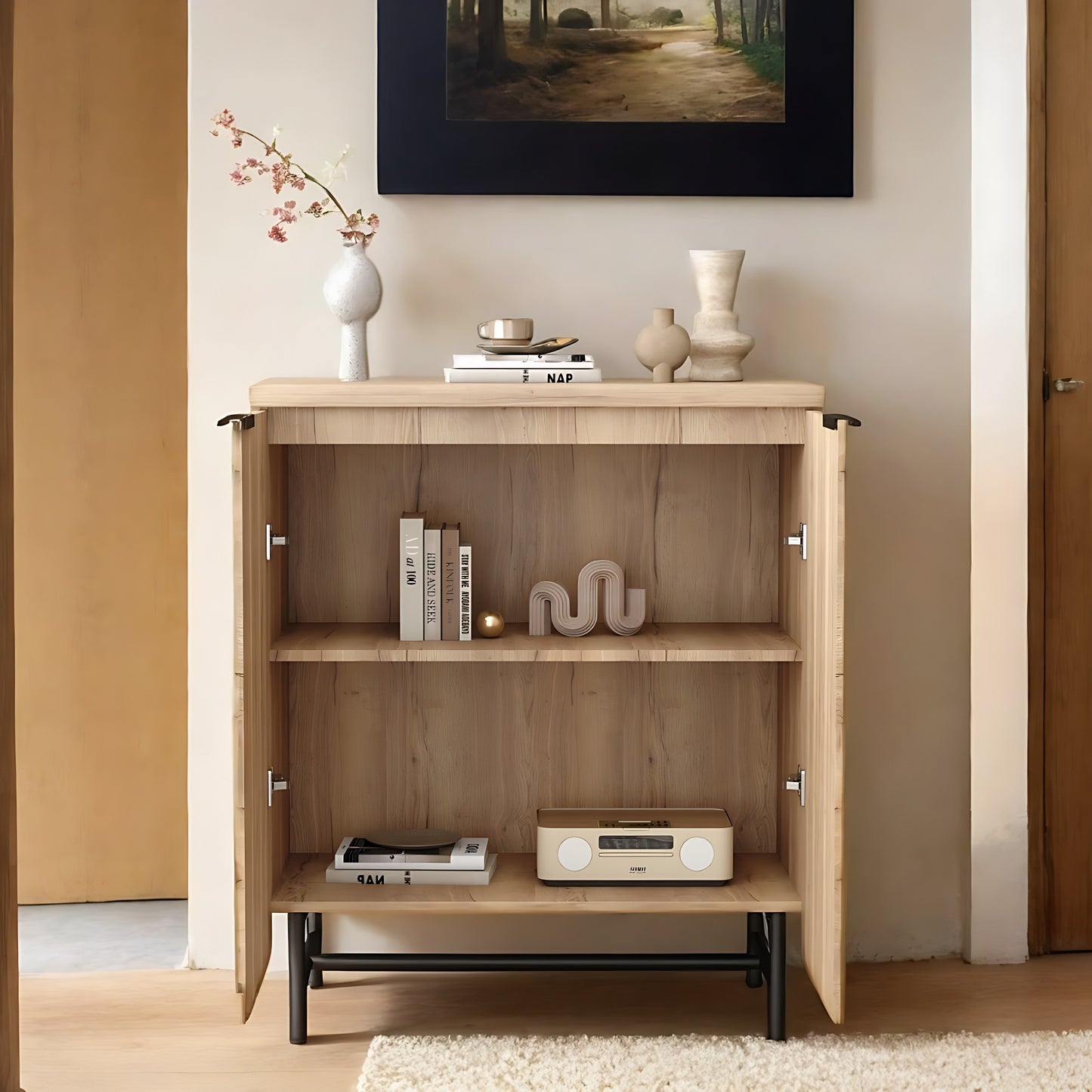35" Oak Wood Textured Door Accent Cabinet With Two Doors-4