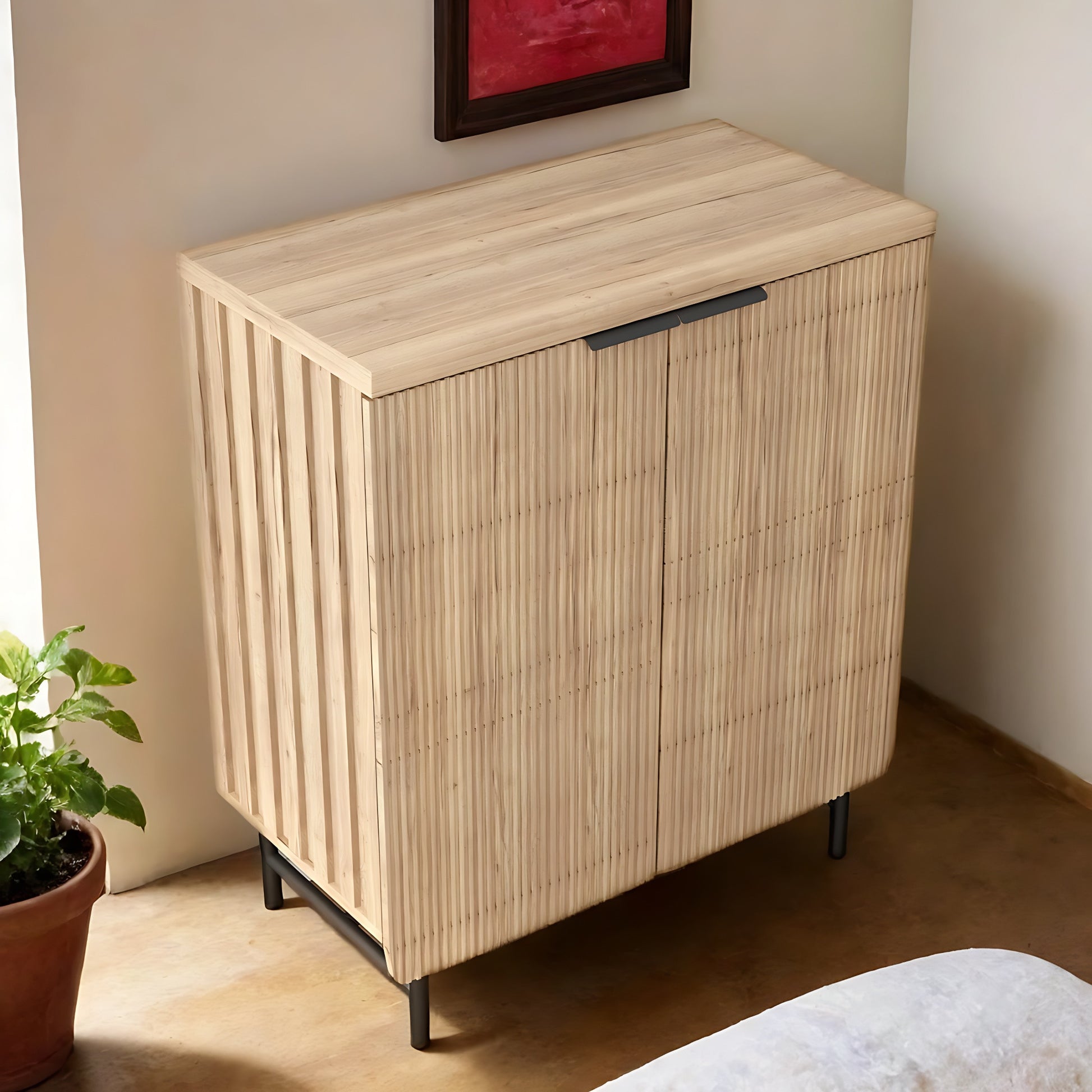 35" Oak Wood Textured Door Accent Cabinet With Two Doors-5