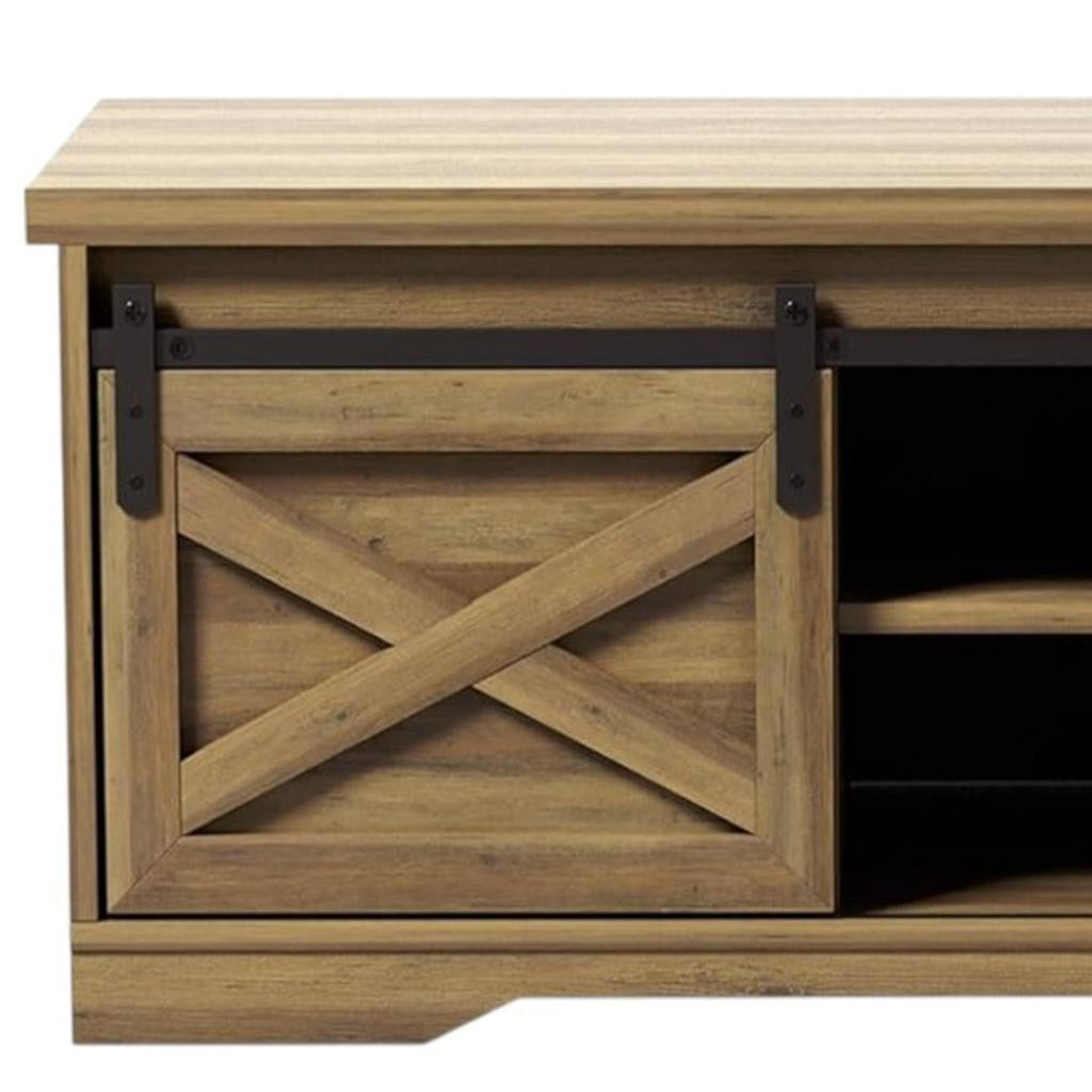 47" Black and Natural Faux Leather And Wood Bench With Shoe Storage And Shelves-4