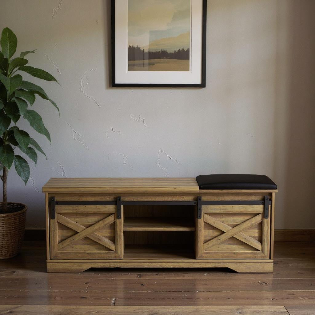 47" Black and Natural Faux Leather And Wood Bench With Shoe Storage And Shelves-0