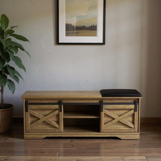 47" Black and Natural Faux Leather And Wood Bench With Shoe Storage And Shelves-0