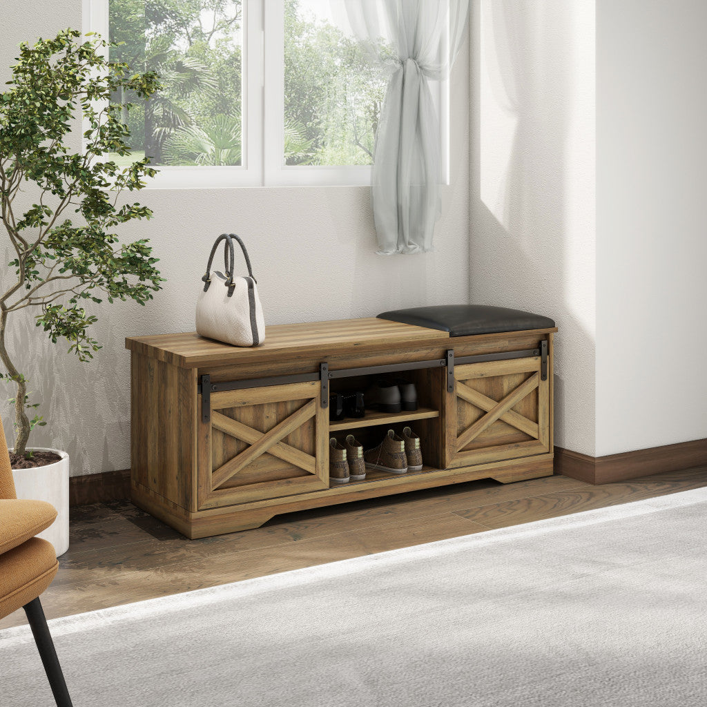 47" Black and Natural Faux Leather And Wood Bench With Shoe Storage And Shelves-6
