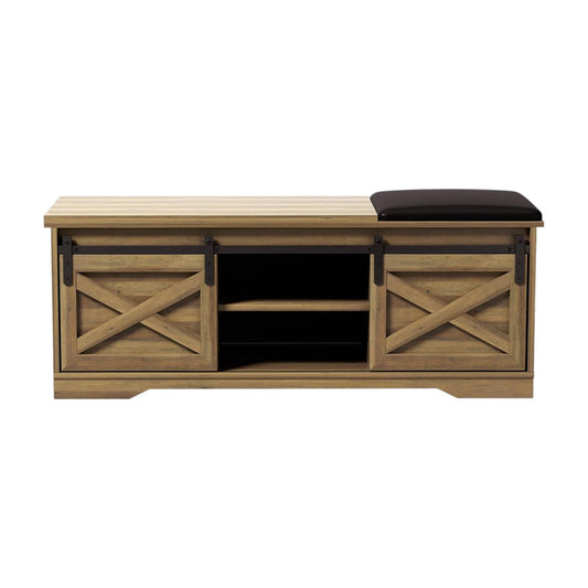 47" Black and Natural Faux Leather And Wood Bench With Shoe Storage And Shelves-1